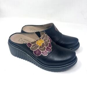 Spring Step L'Artiste 36 Women's Mule Black Slip On Floral Flower Wedge